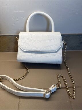 White Croc-Embossed Top Handle Crossbody Bag